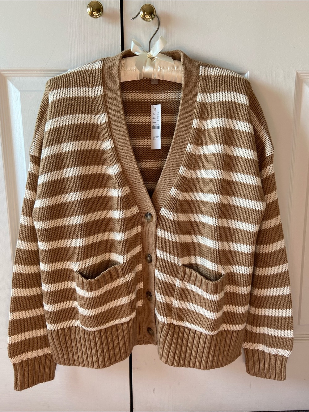 J. Crew Camel and Cream Striped V-Neck Cotton Cardigan Sweater, M, NWT